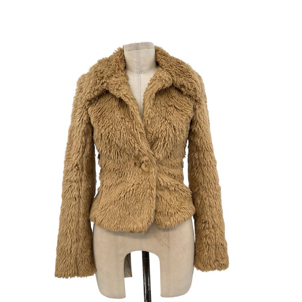 Betsey Johnson Vintage 1990's Teddy Crop Faux Fur Jacket Tan Brown Size 2
